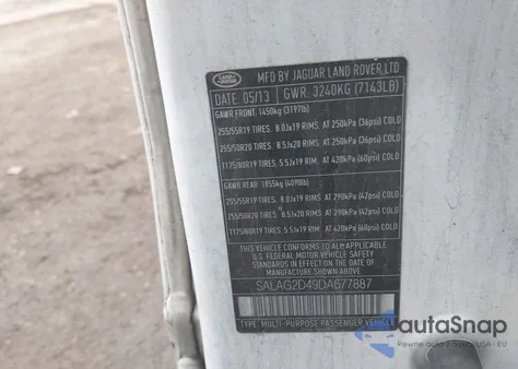 2013 Land Rover Lr4 из США, поврежденный, VIN SALAG2D49DA677887